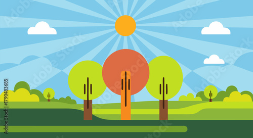 Colorful Vector Illustration of a Sunny Day Landscape with Trees