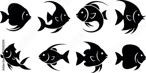 Black silhouette tropical fish vector set showing various shapes and fin styles in simple style