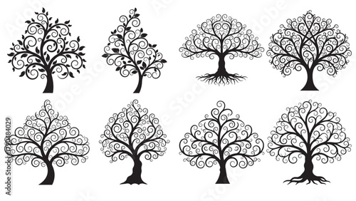 Ornamental Flourish Tree Silhouette — Decorative Corporate Growth Emblem Symbolizing Sustainability, Green Investment and Long-Term Prosperity