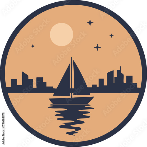Minimalist Sailboat on Water Vector Logo Badge - Night City Skyline Illustration