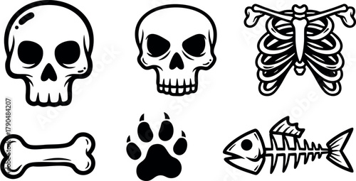 Skull bone paw print fish skeleton rib cage vector icons set in black and white style for design and illustration