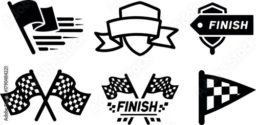Racing flags icons set with finish line markers and checkered flags vector design elements