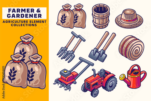 Farmer and Gardener Element Collection. Agriculture with Tractor, Tools, Shovel, Rake, Watering Can, and Hay Bale. Set Icon for Rural. Country and Eco in Cartoon Style