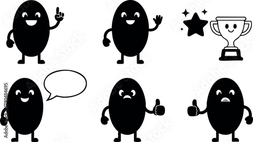 Cartoon black bean characters with various expressions and gestures including speech bubble and trophy vector set