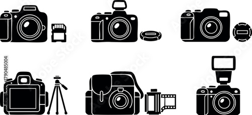 Professional camera icons with accessories photography equipment vector set for photo enthusiasts and technology lovers