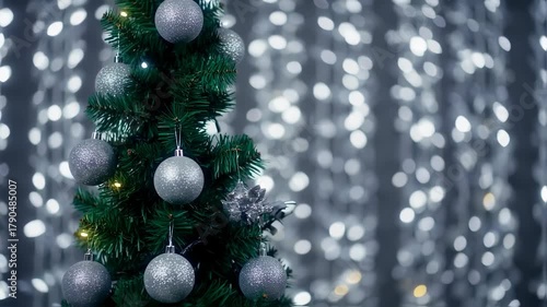 Festive Christmas Tree with Silver Ornaments and Bokeh Lights.