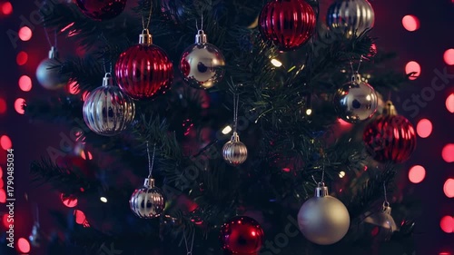 Festive Christmas Tree with Red and Silver Ornaments and Bokeh Lights.