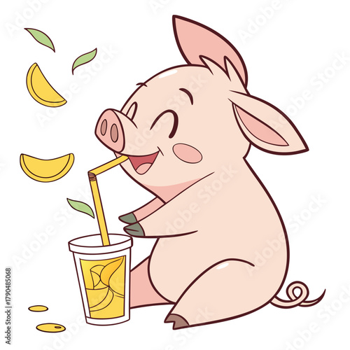 Happy cartoon piglet enjoying a refreshing drink with fruit slices cute animal