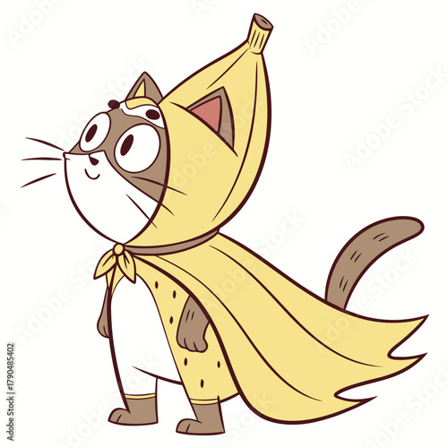 Whimsical cartoon cat wearing a banana costume with a cape and playful expression superhero