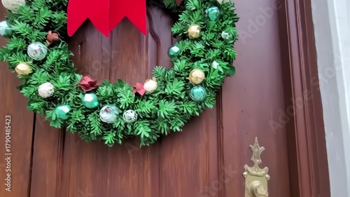 Festive Christmas Wreath Adorned with Ornaments and a Red Bow.