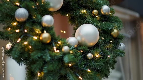 Festive Christmas Wreath Adorned with Ornaments and Lights for Holiday Decor.