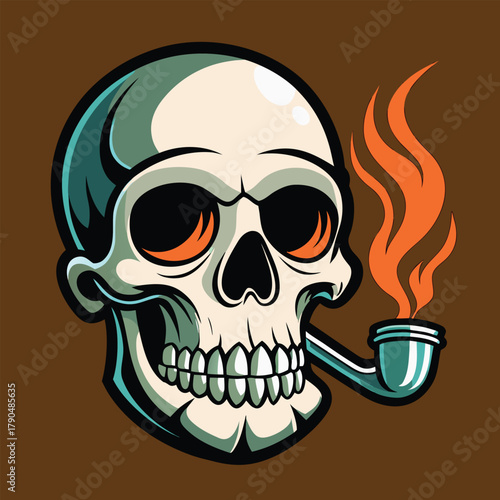 Skull smoking a pipe with fiery smoke