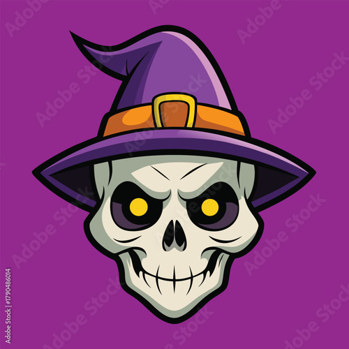 Spooky skull wearing a purple witch hat with glowing eyes
