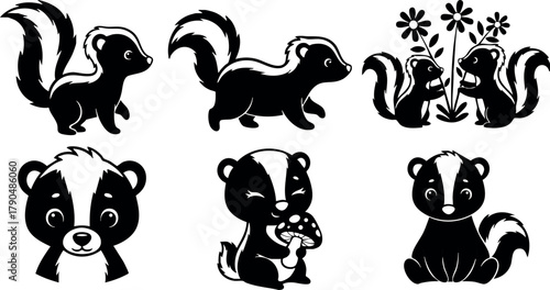 Cute skunk vector set with flowers and mushroom natural wildlife collection black and white silhouette illustrations