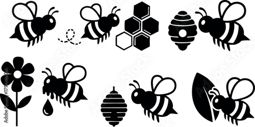 Bee and honeycomb vector set with flowers and leaves in black and white design for nature and pollination concepts