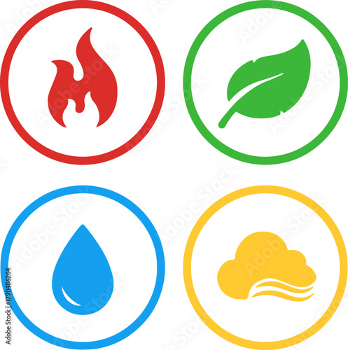 Four elements icon set, flat nature signs vector graphics