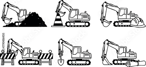 Construction excavator machinery vector icons with digging and lifting functions for industrial and building design usage