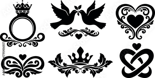 Romantic vector set with crowned ring, doves, heart designs, crown and love symbols for wedding and love themes