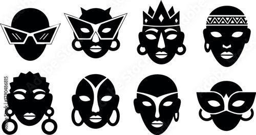 African tribal masks collection vector set featuring diverse traditional cultural designs in black silhouette style for decoration and art projects