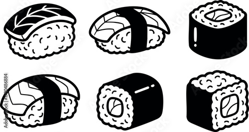 Sushi set vector with nigiri and maki rolls black and white style for food design and Japanese cuisine illustration
