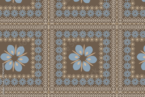 Inspired by Tuareg nomads, featuring soft florals and cultural symbol border in sand beige and sky blue  for Fashion textiles, tote designs, digital wallpapers.
