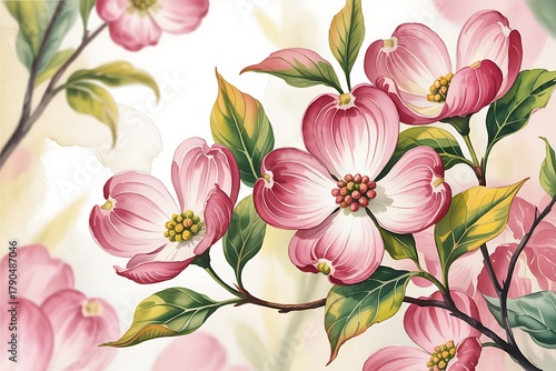 Delicate pink dogwood blossoms in spring bloom watercolor painting