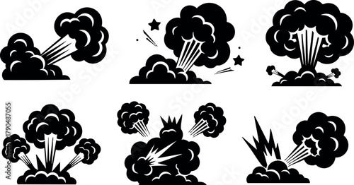 Explosion icons set with different blast shapes and smoke clouds for creative design vector illustration