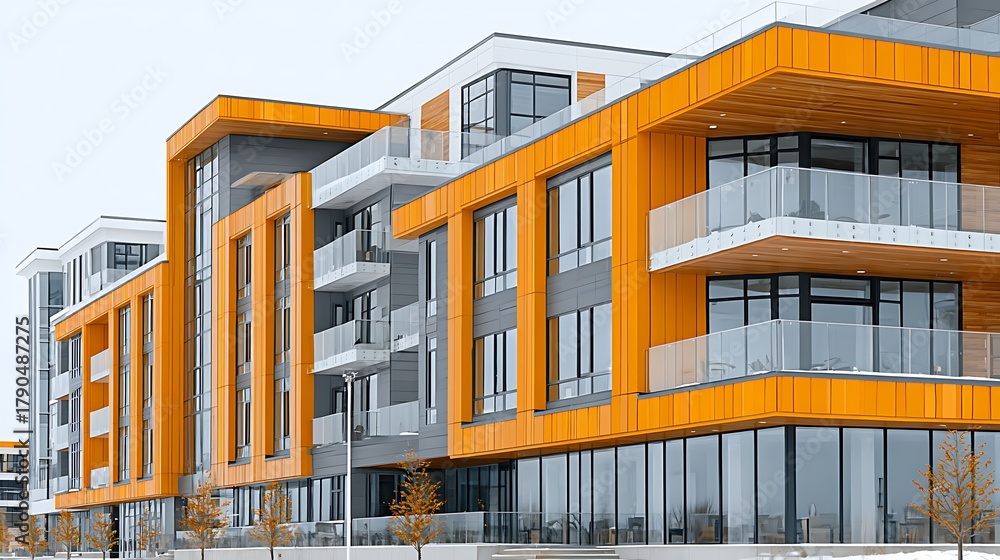 Obraz premium Modern Orange Building Design with Large Windows and Stylish Architecture