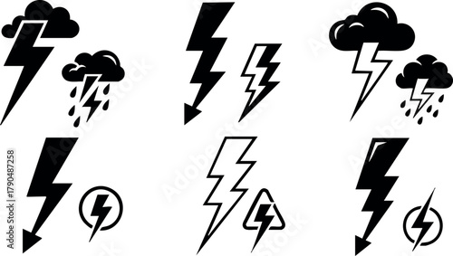 Lightning bolt icons set with thunderstorm and rain vector symbols in black design for weather or energy concepts