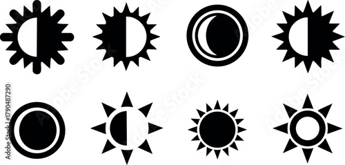 Set of stylized sun and moon icons with simple black silhouette designs for graphic use and digital projects