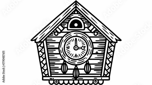 Charming cuckoo clock line art, perfect for time management, vintage decor, or whimsical design concepts, adding a touch of nostalgia and timeless appeal