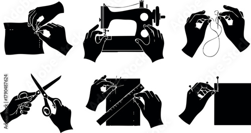 Sewing and tailoring hands working with fabric scissors thread and needle vector icons set