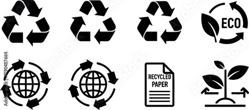 Recycling symbols set with eco earth and recycled paper icons for environmental sustainability design vector