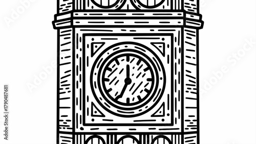 Elegant line art illustration of a vintage clock tower, perfect for minimalist designs or creative projects emphasizing precision and timeless style