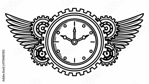 Intricate winged clockwork design with vintage charm, perfect for steampunk themes, time management graphics, and creative industrial art projects, originally a vector
