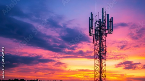 Wallpaper Mural A 5G Antenna Tower Silhouetted Against a Glowing Sunset Sky Torontodigital.ca