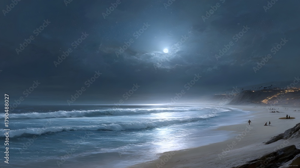 Fototapeta premium Serene moonlit beach with gentle waves reflecting moonlight distant town lights and misty atmosphere