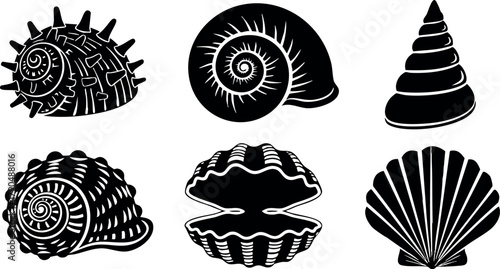 Black silhouette seashell vector set with spiral and scallop shapes for marine design and decoration