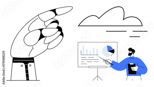 Giant hand pointing at cloud, man presenting charts and graphs on board. Ideal for data sharing, teamwork, analytics, leadership, cloud computing, communication modern business. Simple flat metaphor