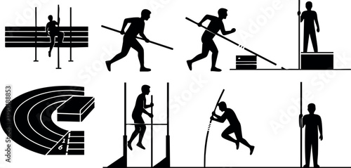 Pole vault sport silhouette vector set showing athletes jumping and preparing for vault in dynamic poses