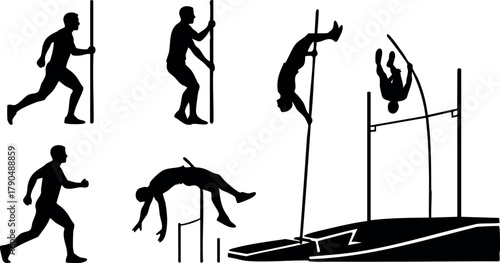Pole vault athlete performing various stages of jump with pole in black silhouette style vector illustration