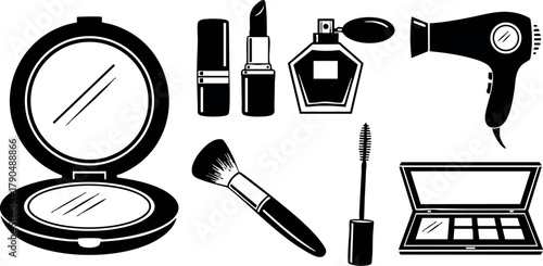 Makeup tools and cosmetics vector set with mirror lipstick brush perfume and hair dryer icons
