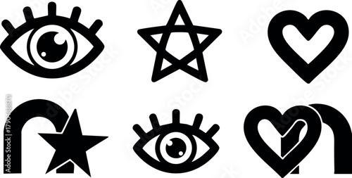 Eye star heart icons set with curved arrows for design use in vector format
