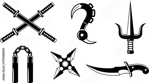 Collection of traditional ninja weapons with shuriken kunai kama nunchaku and dagger vector illustration