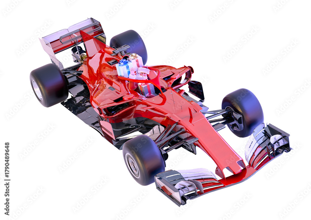 Obraz premium Santa Claus driving a Formula 1 race car loaded with Christmas gifts on high speed PNG. Festive holiday concept of fast delivery, celebration, joyful energy. Greeting card design for holiday campaigns
