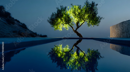 Illuminated Tree Reflected in Water at Night Serene Landscape.