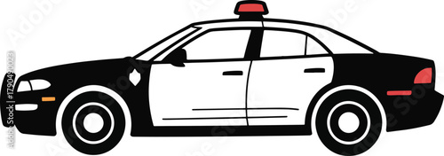 Classic police car illustration with red siren light on top and black and white body