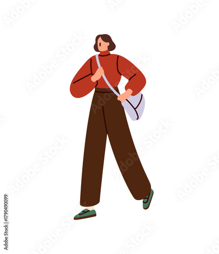 Adult woman carries cross body bag on shoulder. Office worker hurries up, rushes to work. Abstract girl goes fast, walks, stroll outdoors. Flat isolated vector illustration on white background.