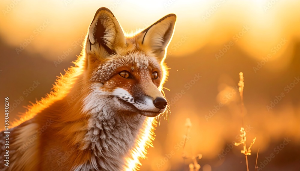 Obraz premium Focused red fox bathed in golden light, with a shallow depth of field, creating a warm, dreamy atmosphere