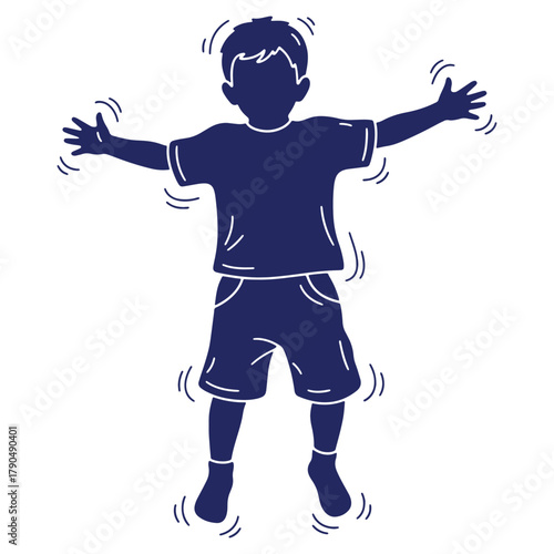 Boy with outstretched arms and shaking motions portraying excitement or a nervous sensation in silhouette